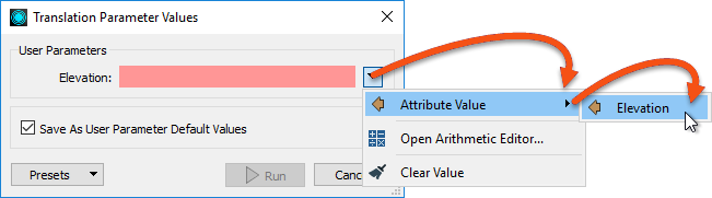 Assigning an attribute to provide values to a user parameter